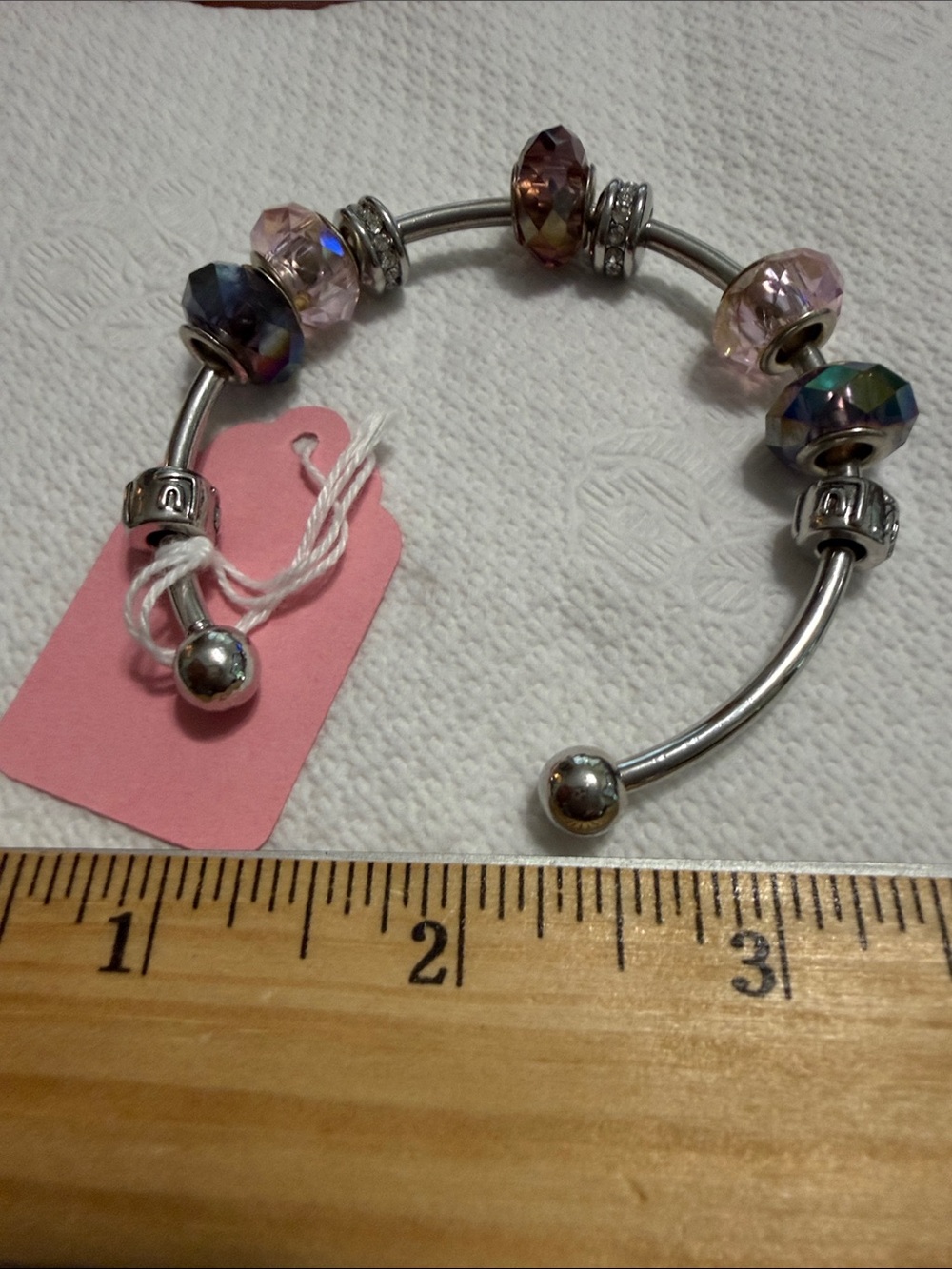 Silver Bangle Bracelet with Pink and Iridescent Crystal Beads